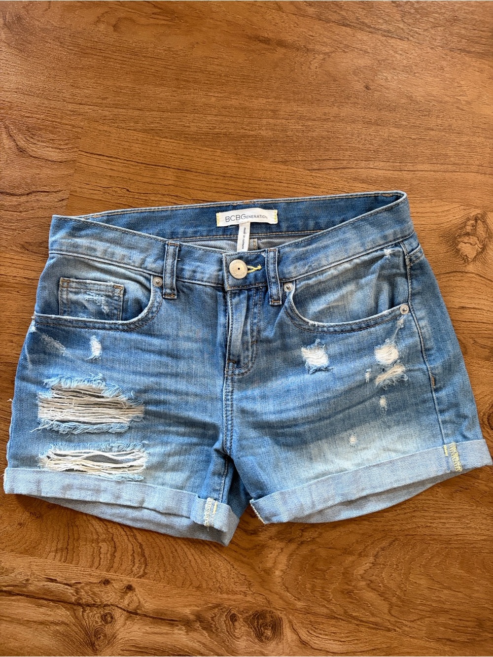 BCBGeneration Distressed Light Blue Denim Shorts